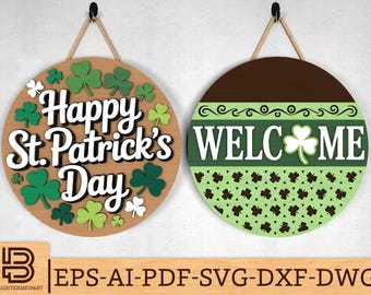 St Patrick's Day Door Hanger SVG, Welcome Clover Pattern & Happy St. Patrick's Day Door Sign Laser Cut Files, Cricut, Glowforge svg files