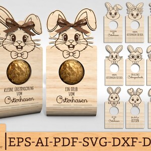 Puede incluir: Cajas y etiquetas de regalo de madera con temática de conejos de Pascua. Las cajas presentan una cara de conejo con pajarita y un huevo de chocolate. Las etiquetas tienen caras de conejos con varios diseños y texto. El texto incluye frases como "Felices Pascuas".