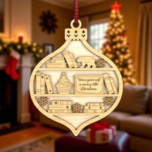 Adorno navideño Glowforge (archivo SVG cortado con láser), adorno para amantes de los libros, adorno de estantería de madera (SVG), archivo cortado con láser para festividades, decoración navideña (SVG)
