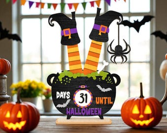 Cartello per il conto alla rovescia di Halloween in formato SVG, Calderone della strega con gambe e ragno in formato SVG, Decorazione da tavolo in legno 3D per il conto alla rovescia, Cartello con i giorni mancanti ad Halloween
