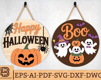 Uroczy wieszak na drzwi Halloween svg, duch i dynia drewniany znak SVG, Boo i szczęśliwy Halloween znak na drzwi pliki cięte laserowo, pliki Glowforge svg