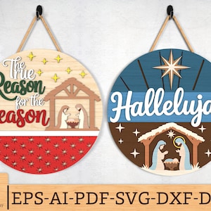 Religious Christmas Door Hanger svg, Hallelujah & Reason for the Season Sign Laser Cut File, Nativity Xmas Sign svg, Glowforge svg files