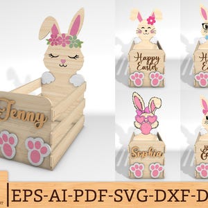 May include: Wooden Easter basket with a bunny design. The basket features a bunny face with a floral crown, paw prints, and the name "Jenny". Additional designs include bunnies with glasses, bows, and the text "Happy Easter".