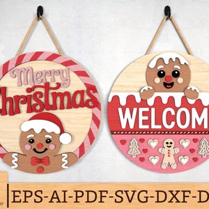 Christmas Door Sign SVG, Gingerbread Welcome Round Sign & Cute Xmas Door Hanger Laser Cut Files, Christmas decor svg, Glowforge svg files