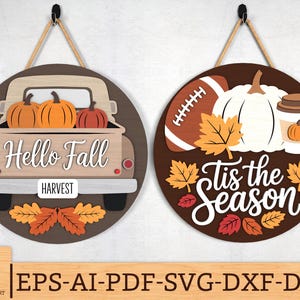 Hello Fall Door Hanger SVG Bundle, Truck with Pumpkins Harvest Sign & Tis The Season Autumn Round Sign Laser Cut Files, Glowforge svg files
