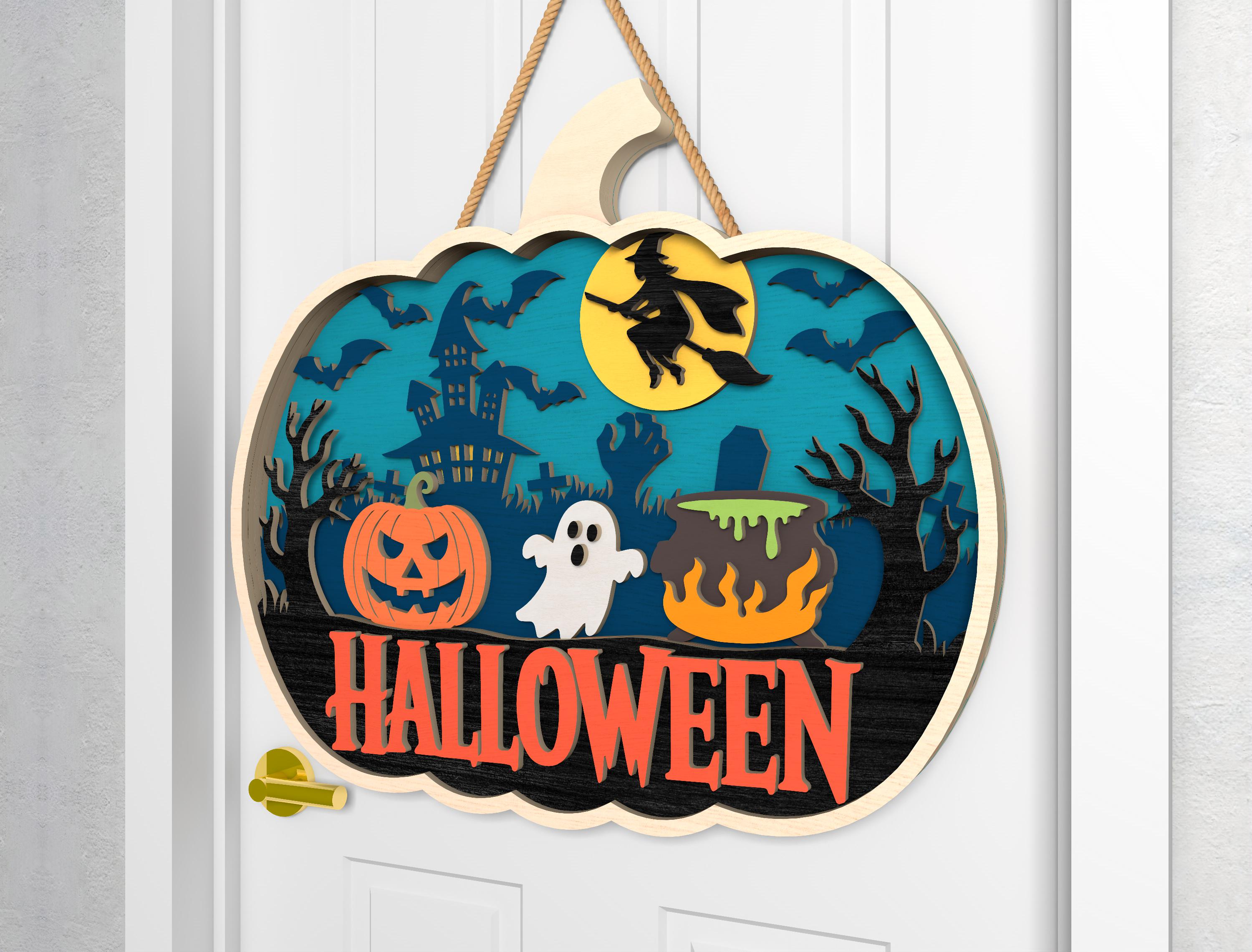 Halloween Door Hanger Svg, Haunted Pumpkin Wood Sign With Witch, Ghost ...