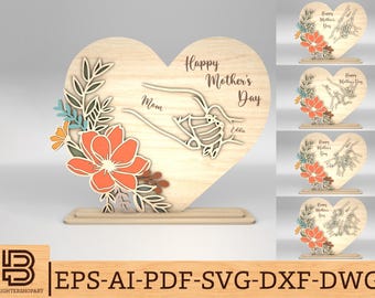 Personalized Mom And Kid Hands Heart Stand Decor SVG,Gift for Mom,Mothers Day svg,Mothers Day Gifts svg,Laser cut files, Glowforge svg files