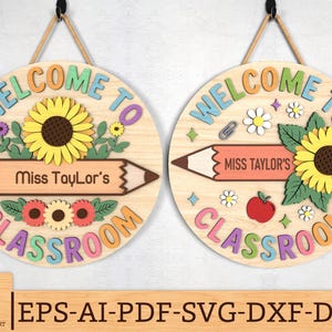 Letrero SVG personalizado para puerta de profesor, letrero SVG de bienvenida al aula con lápiz de girasol, letrero cortado con láser de regreso a clases, archivos SVG de Glowforge