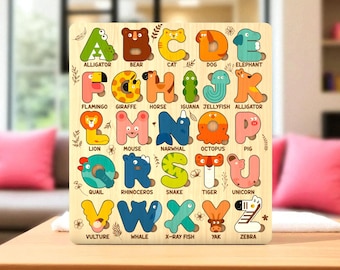 Alphabet Tier Puzzle Glowforge Datei, ABC Kinder Lernpuzzle SVG für Laser Cut, Holz Montessori Spielzeug SVG, Home Decor