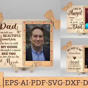 Puede incluir: Tres marcos de fotos de madera con un diseño de pajarita. Los marcos presentan una foto de un hombre y el texto "Dad You left me beautiful memories your love is still my guide and though I cannot see you you are always by my side", "I have an angel in heaven and I call him Dad", and "My Dad is my guardian angel: He watches over my back!"