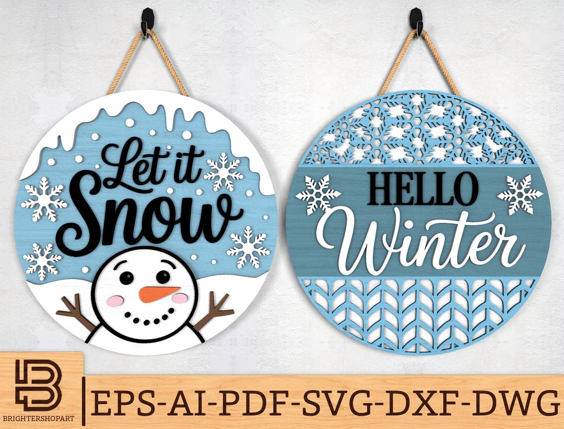 Let It Snow and Hello Winter Door Sign Svg, Snowman and Snowflake Round ...