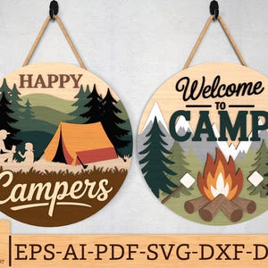 Camping ronde bord SVG-bundel, Happy Campers & Welcome to Camp deurhanger lasergesneden bestanden, kampvuur tent bos decor, Glowforge svg-bestanden