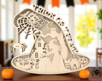 Letrero de sombrero de bruja de Halloween Glowforge, archivo SVG, truco o trato en capas SVG para corte láser, diseño de calabaza, araña, gato y casa embrujada, decoración de Halloween