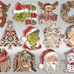 May include: A collection of twelve layered wooden Christmas ornaments featuring a Highland cow, a green character with the text HO HO HO, a reindeer with MERRY CHRISTMAS text, a wreath, a tree, a gnome, Mrs. Claus, a cardinal, a nativity scene, Santa, and a snowman.