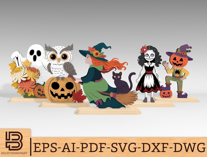 Pu&ograve; includere: Una collezione di ritagli di legno a tema Halloween. Il set include un fantasma, un gufo, una zucca, una strega su una scopa con un gatto nero, una ragazza scheletro e uno spaventapasseri con una testa di zucca. I ritagli sono di vari colori.