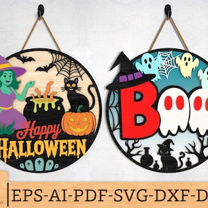 Halloween Door Hanger svg, Cute Witch Cauldron & Ghost Boo Sign Round Sign svg, Multilayer Halloween Laser Cut Files, Glowforge svg files