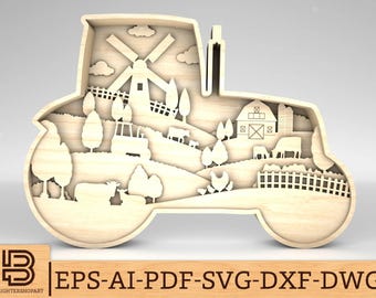 Multilayer Farm Tractor Art svg, Farm Scene Art svg, Farmtiere svg, 11-Layer-Art-Piece für Glowforge, Laser-Schnittdateien