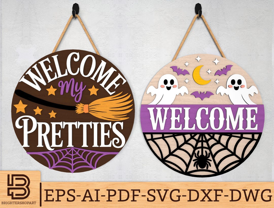 Halloween Door Hanger SVG Bundle, Welcome My Pretties Witch & Cute ...