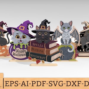 Halloween standing black cats table decoration svg, Witch Kittens on Books & Pumpkin sign svg, Halloween Laser Cut Files,Glowforge svg files