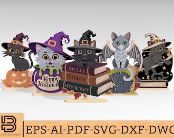 Halloween standing black cats table decoration svg, Witch Kittens on Books & Pumpkin sign svg, Halloween Laser Cut Files,Glowforge svg files