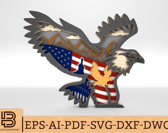 Multilayer American Flag Eagle svg, Patriotic Bald Eagle Svg, 4th of July svg, Independence Day svg, Laser cut files, Glowforge SVG Files