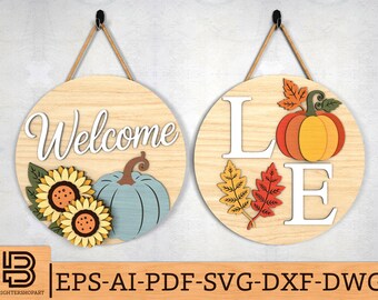 Pakiet jesiennych zawieszek na drzwi w formacie svg, pliki wycinane laserowo z motywem dyni i słoneczników oraz zawieszek na drzwi LOVE Fall Leaves, dekoracje jesienne, pliki svg Glowforge