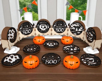 Halloween Coaster Set Laser Cut File Svg,Multilayer Wooden Coasters Glowforge File ,Spooky Drink Holder SVG for Laser Cutting