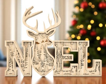 NOEL Reindeer Christmas Glowforge File SVG  , 3D Layered Wood Sign, Laser Cut Holiday Decor, CNC Christmas Table Decoration Template