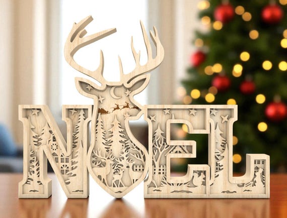 NOEL Reindeer Christmas Glowforge File SVG  , 3D Layered Wood Sign, Laser Cut Holiday Decor, CNC Christmas Table Decoration Template