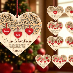 Personalized Grandchildren Ornament Glowforge File, Wooden Heart SVG, Custom Family Christmas Keepsake, Gift for Grandma Grandpa