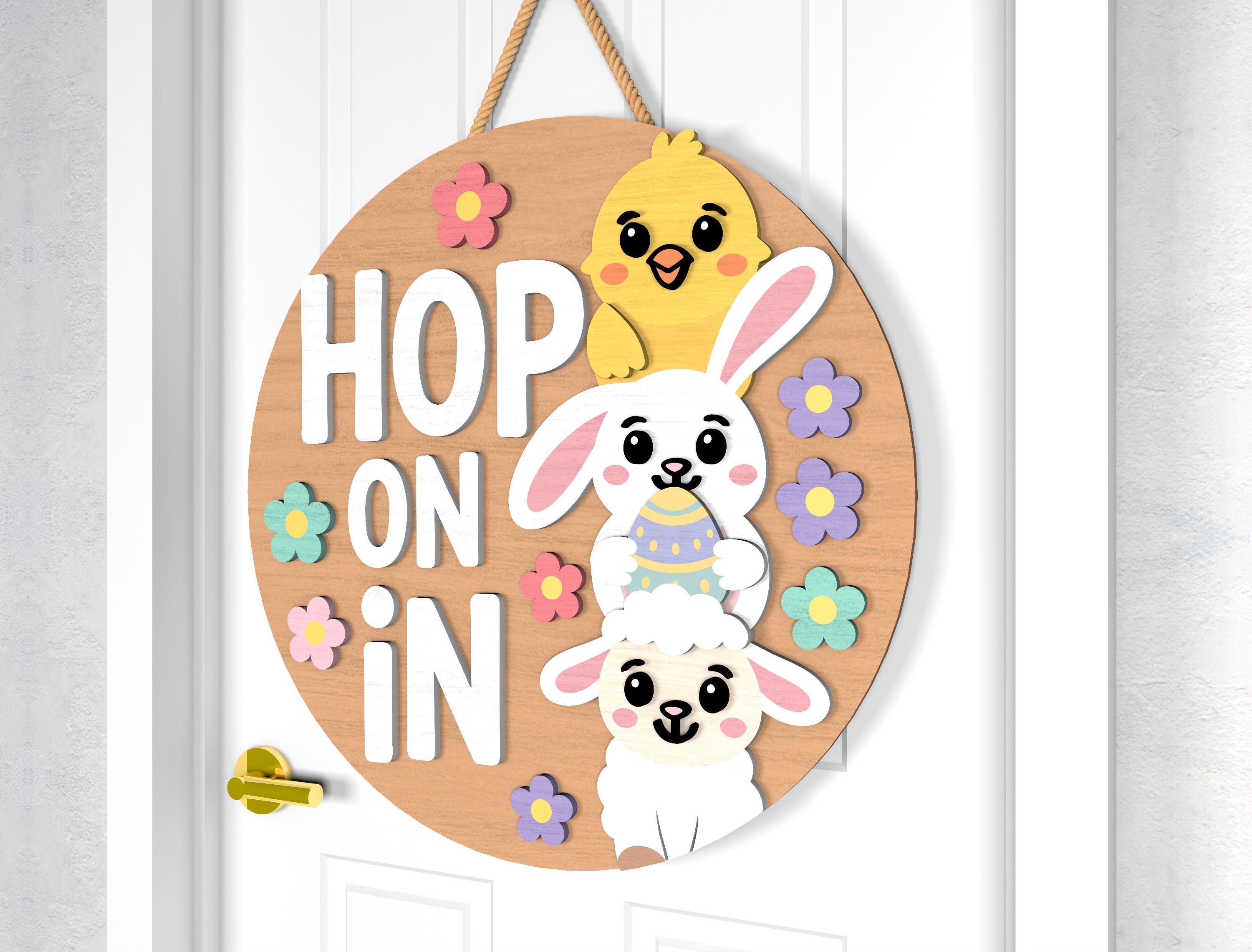 Easter Door Hanger SVG Bundle, Welcome & Hop on in Bunny Chick Lamb ...