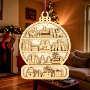 Adorno navideño en forma de caja de regalo (Svg), adorno para amantes de los libros, adorno navideño de madera para estantería, archivo cortado con láser Glowforge, decoración navideña en formato SVG