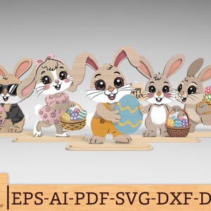 May include: A wooden Easter-themed decoration featuring five cartoon bunnies. Each bunny holds an Easter egg or basket, with details like sunglasses, dresses, and overalls. The design includes the text "Happy Easter" and is suitable for spring decor.