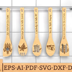 May include: Five wooden kitchen utensils with engraved text and a turtle design. The text reads "Just A Girl Who Loves Turtles", "Don't Forget You Be Turtles Awesome", "I Just Really Like Turtles", "You Are Turtle Amazing", and "Things To Do With Your Time Take Care of Turtles".