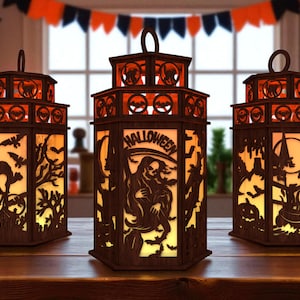 DIY Halloween Lantern Laser Cut File SVG , Wooden Light Box with Witch,Haunted Cat & Spooky Scene ,Laser Cut Glowforge File,3D Creepy Decor