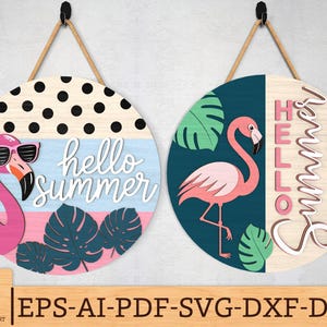 Hello Summer Flamingo round door hanger SVG, Summer welcome sign, Beach decor, Tropical Door sign svg, Glowforge svg files, Laser cut files