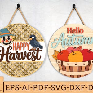 Happy Harvest & Hello Autumn Round Sign svg Bundle, Scarecrow,Crow,Apple Basket Door Hanger Laser Cut Files,Autumn Decor,Glowforge svg files