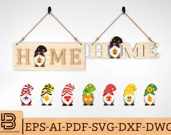 Letrero de bienvenida para puerta de casa intercambiable SVG, Letrero de puerta de gnomo de temporada SVG, Percha de puerta de gnomo SVG, Archivos cortados con láser, Archivos SVG de Glowforge