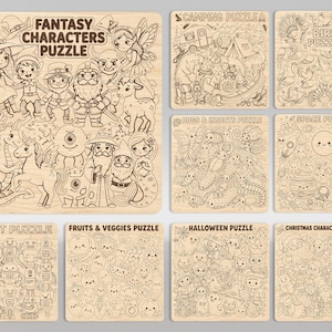 Puede incluir: Una colección de nueve tableros de rompecabezas de madera con ilustraciones grabadas con láser. Los temas incluyen Fantasy Characters, Camping, Birds, Bugs and Insects, Space, Robots, Fruits and Veggies, Halloween y Christmas Characters.