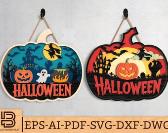 Halloween Door Hanger svg, Haunted Pumpkin Wood Sign with Witch, Ghost, Castle svg, Multilayer Halloween Laser Cut Files,Glowforge svg files