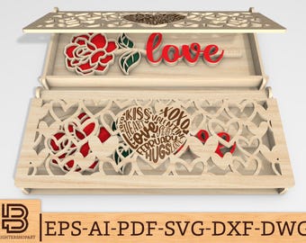 Valentines Day Box Gift with Rose SVG, Wooden Rose svg, Gift for Her, Valentines Day flower box svg, Laser cut files, Glowforge svg files