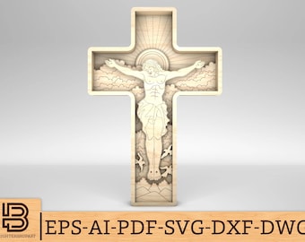 Può includere: Una croce di legno con una scultura dettagliata di Gesù Cristo sulla croce. La scultura comprende nuvole, uccelli e un raggio di sole.