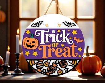 Süßes oder Saures Zeichen SVG, Halloween-Türhänger SVG, Kürbisfledermaus Candy Rundes Schild, Geschichtete Glowforge Laser Cut-Datei, gruseliges Halloween-Dekor