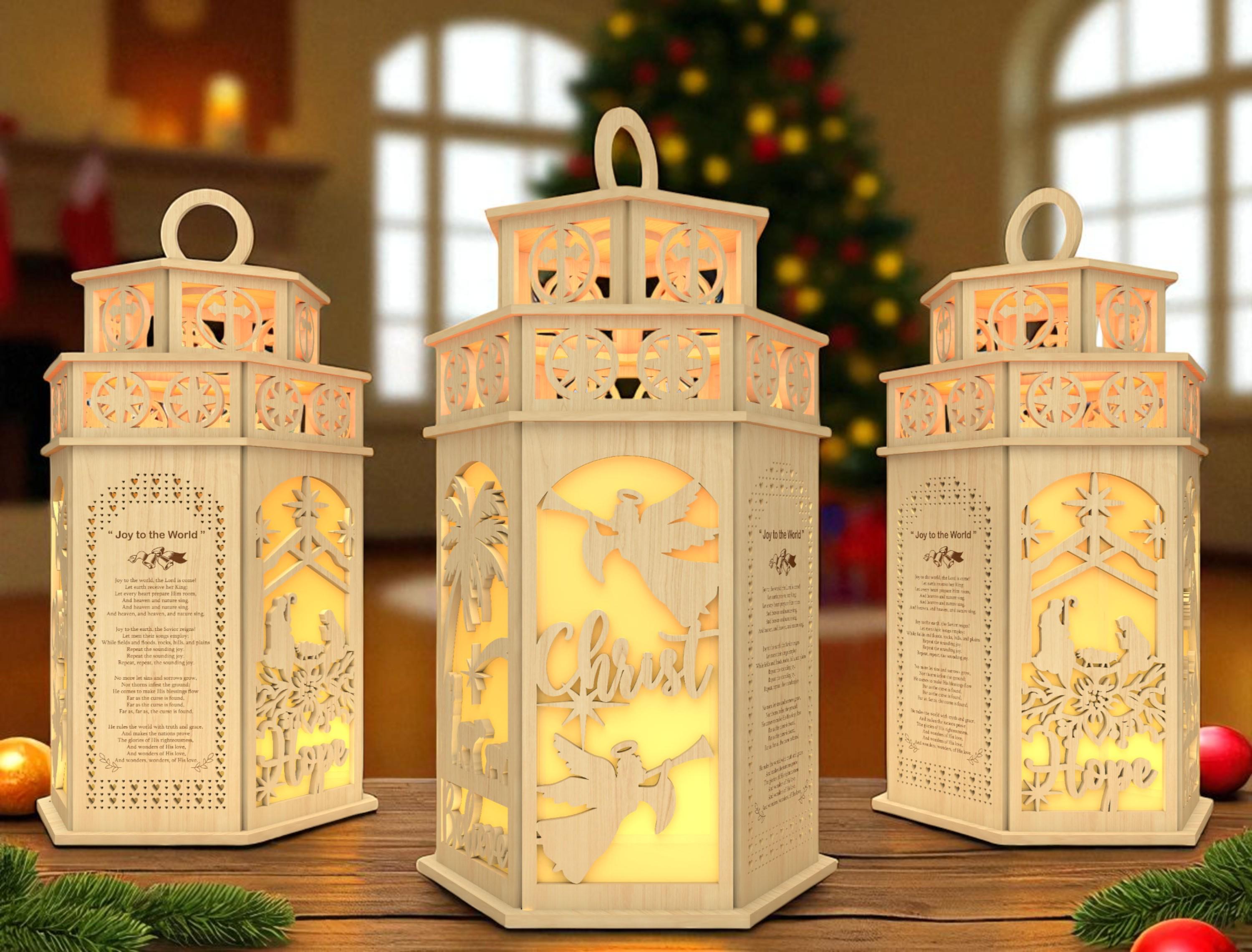 DIY木製クリスマスランタンレーザーカットファイル、賛美歌と聖書の