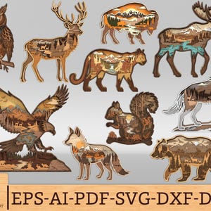 Könnte beinhalten: Eine Sammlung geschichteter Holz-Tiersilhouetten, darunter Eule, Hirsch, Bison, Elch, Puma, Adler, Eichhörnchen, Wolf, Fuchs und Bär, mit detaillierten Wald- und Berglandschaften. Der Text unten lautet BRIGHTERSHOPART EPS-AI-PDF-SVG-DXF-DWG.