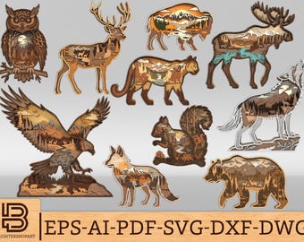 Op de afbeelding: Een verzameling gelaagde houten diersilhouetten, waaronder een uil, hert, bizon, eland, poema, adelaar, eekhoorn, wolf, vos en beer, elk met gedetailleerde bos- en berglandschappen. Onderaan staat de tekst BRIGHTERSHOPART EPS-AI-PDF-SVG-DXF-DWG.