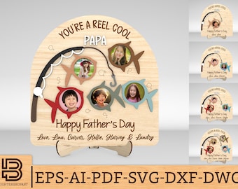 Spersonalizowana ramka na zdjęcia wędkarskie na Dzień Ojca svg, magnes na lodówkę Reel cool dad svg, tata wędkarski svg, pliki svg Glowforge, pliki cięte laserowo