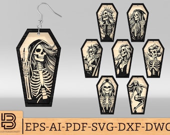 Coffin Skeleton Earrings SVG Bundle, Gothic Skull Girl Laser Cut Files, Sassy Skeleton svg, Halloween Earring svg, Glowforge SVG Files
