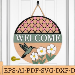 Letrero de bienvenida con forma de colibrí (SVG), letrero redondo de verano (SVG), colgador de puerta de primavera (SVG), letrero de puerta con margarita (SVG), archivos SVG de Glowforge, archivos cortados con láser