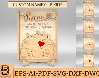 Gepersonaliseerde Moederdag puzzel teken svg, olifant familie puzzel SVG, Moederdag svg, Moederdag cadeau svg, lasergesneden bestanden, Glowforge svg-bestanden